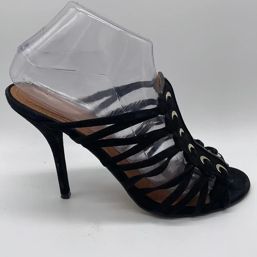 Givenchy Zenaide Black Suede Nautical Eyelet Heels Caged Gladiator Size 38 8